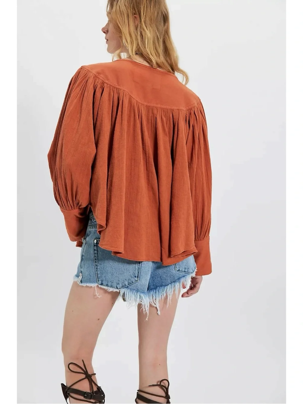 Free People Bohemian Billowy Malibu Crinkle Top Autumnal Fall Brown Size Large